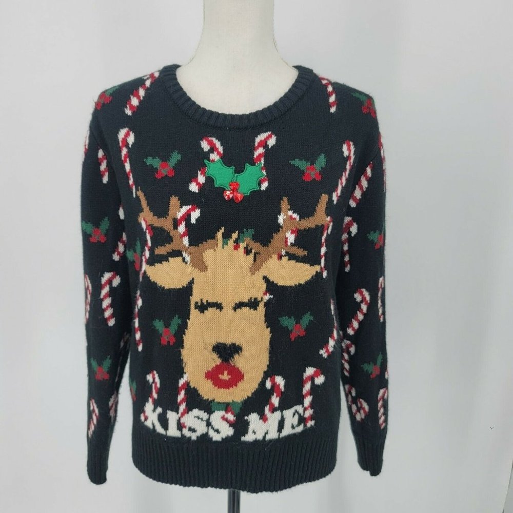 Love by Design Christmas Reindeer KISS ME Sweater Black Women's Size Medium